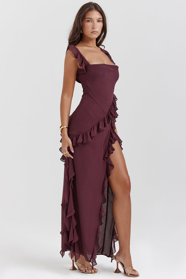 Robe longue femme chic à volants avec fente
