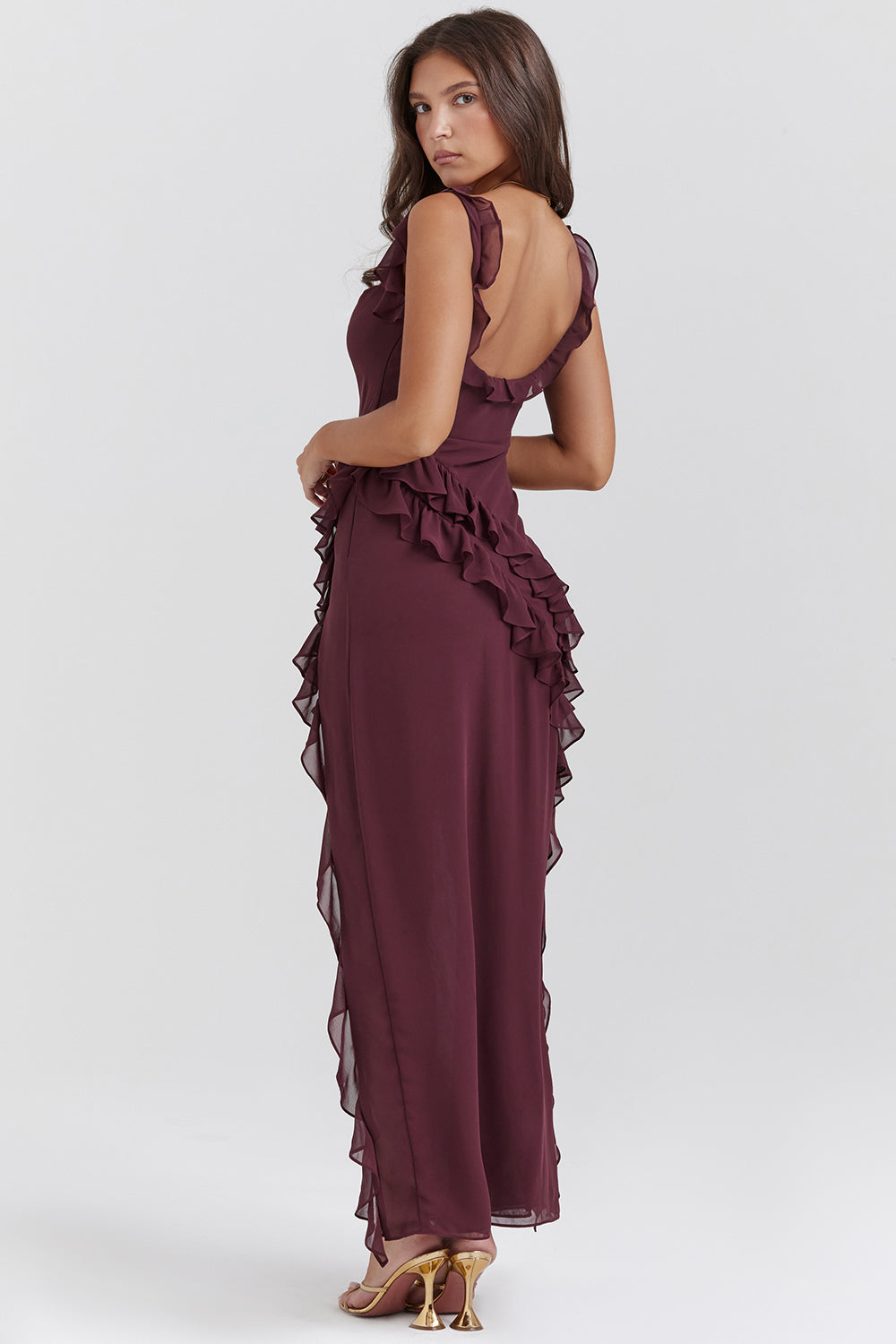 Robe longue femme chic à volants avec fente