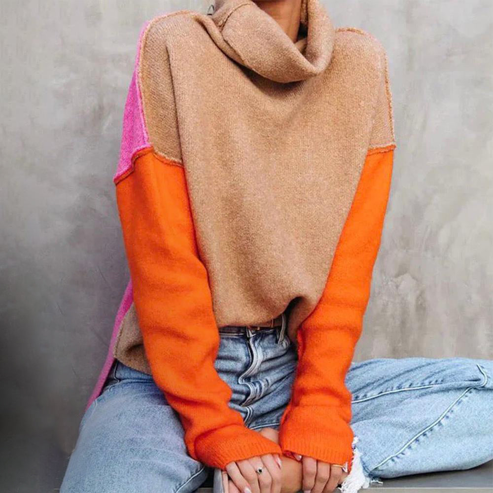 Pull oversize à col roulé patchwork pour femme