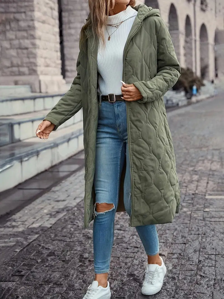 Manteau long matelassé à capuche pour femme