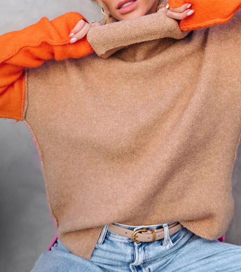 Pull oversize à col roulé patchwork pour femme