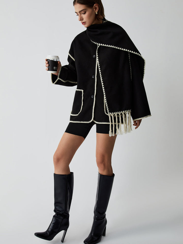Veste Femme à Bordures Contrastées avec Écharpe Assortie