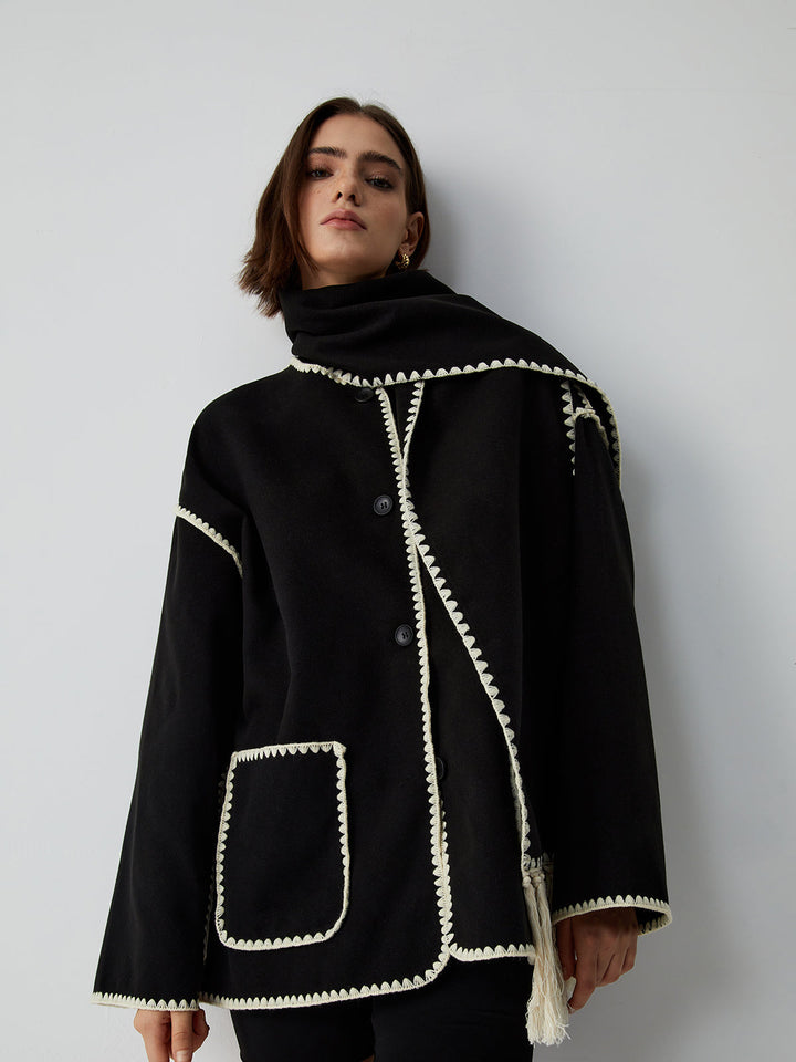 Veste Femme à Bordures Contrastées avec Écharpe Assortie