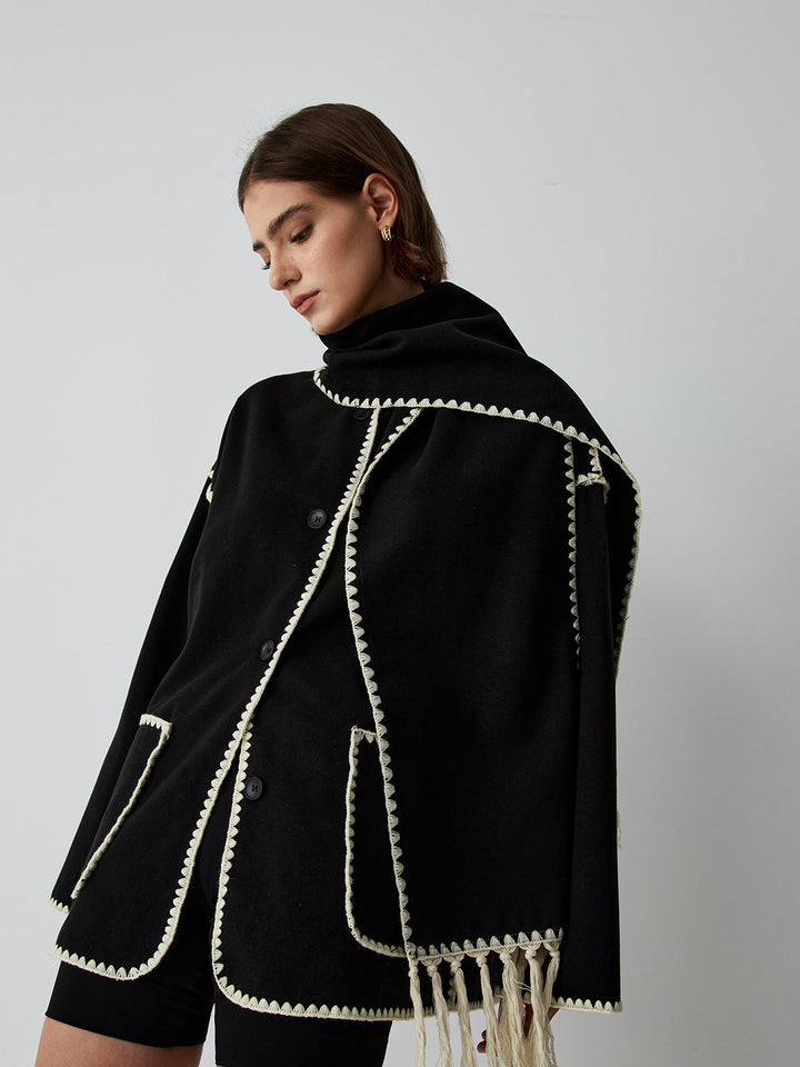 Veste Femme à Bordures Contrastées avec Écharpe Assortie