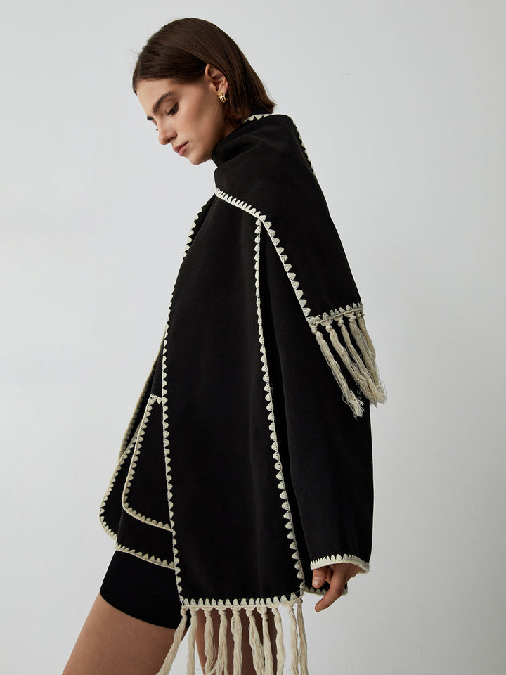 Veste Femme à Bordures Contrastées avec Écharpe Assortie