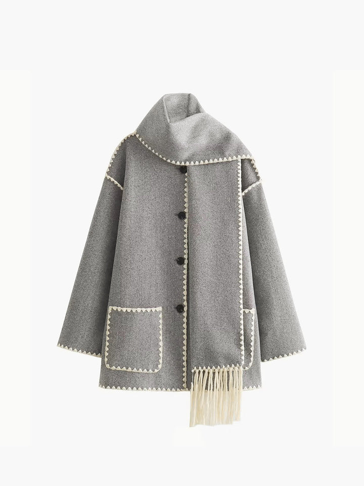 Veste Femme à Bordures Contrastées avec Écharpe Assortie