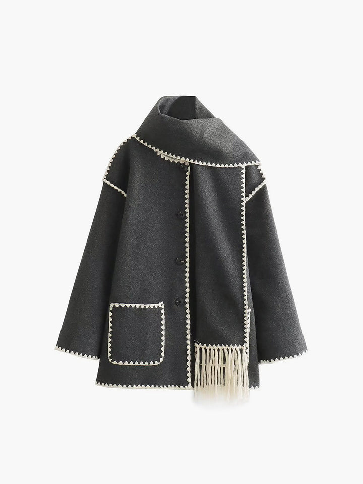 Veste Femme à Bordures Contrastées avec Écharpe Assortie