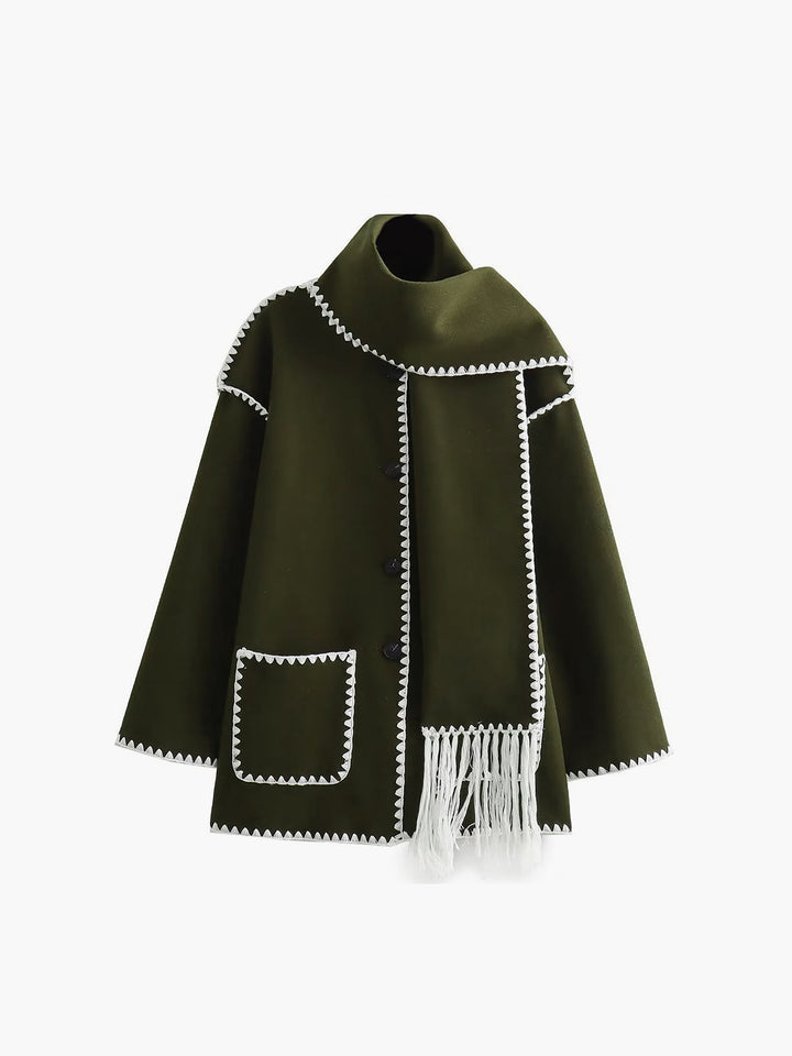 Veste Femme à Bordures Contrastées avec Écharpe Assortie