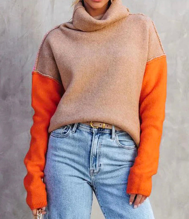 Pull oversize à col roulé patchwork pour femme