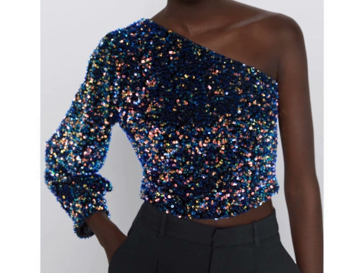 Top asymétrique femme à paillettes et une épaule