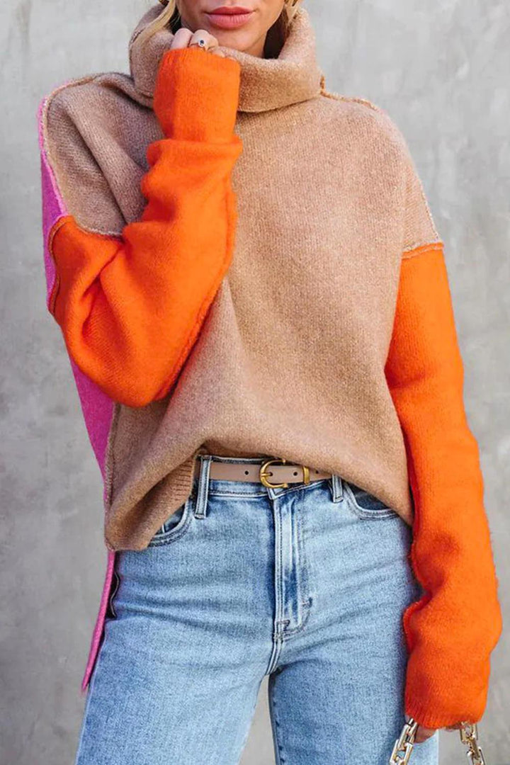 Pull oversize à col roulé patchwork pour femme