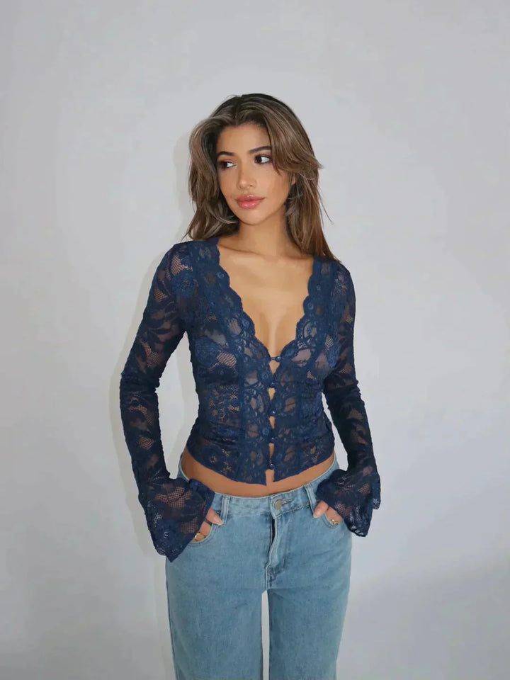 Haut court en dentelle florale à manches longues pour femme