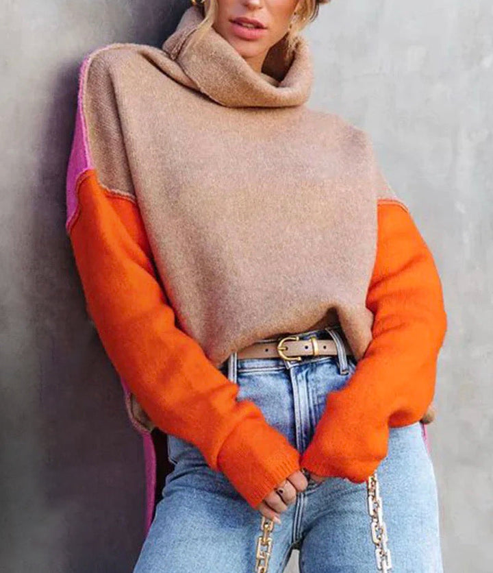Pull oversize à col roulé patchwork pour femme