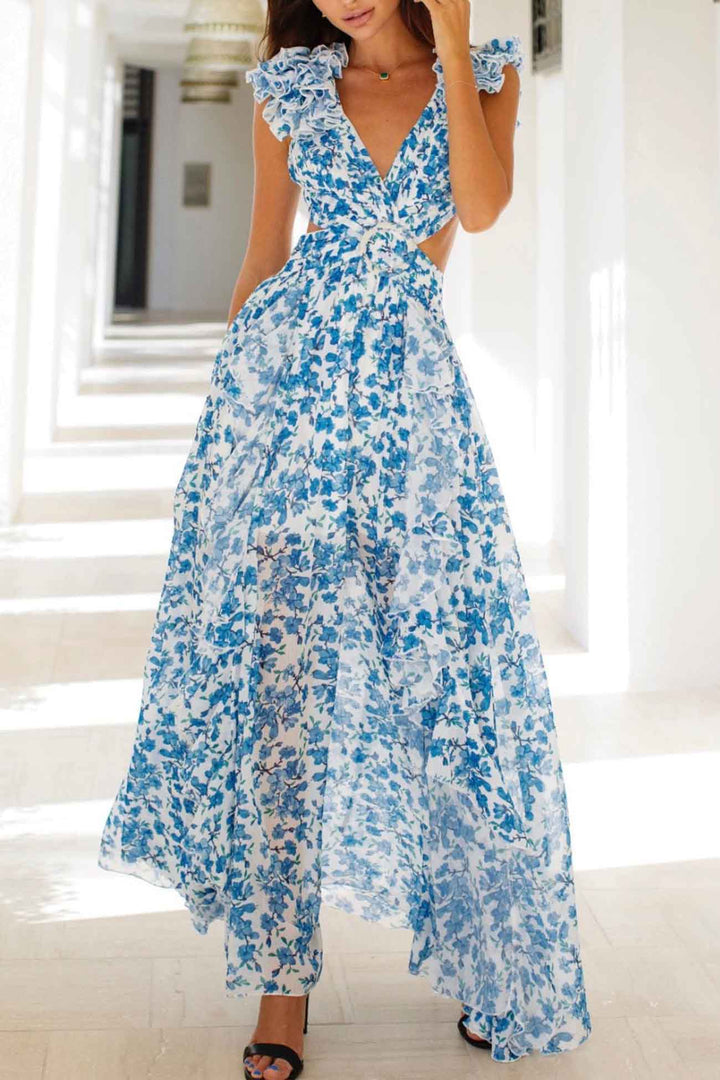 Robe longue femme avec décolleté en V et manches à volants