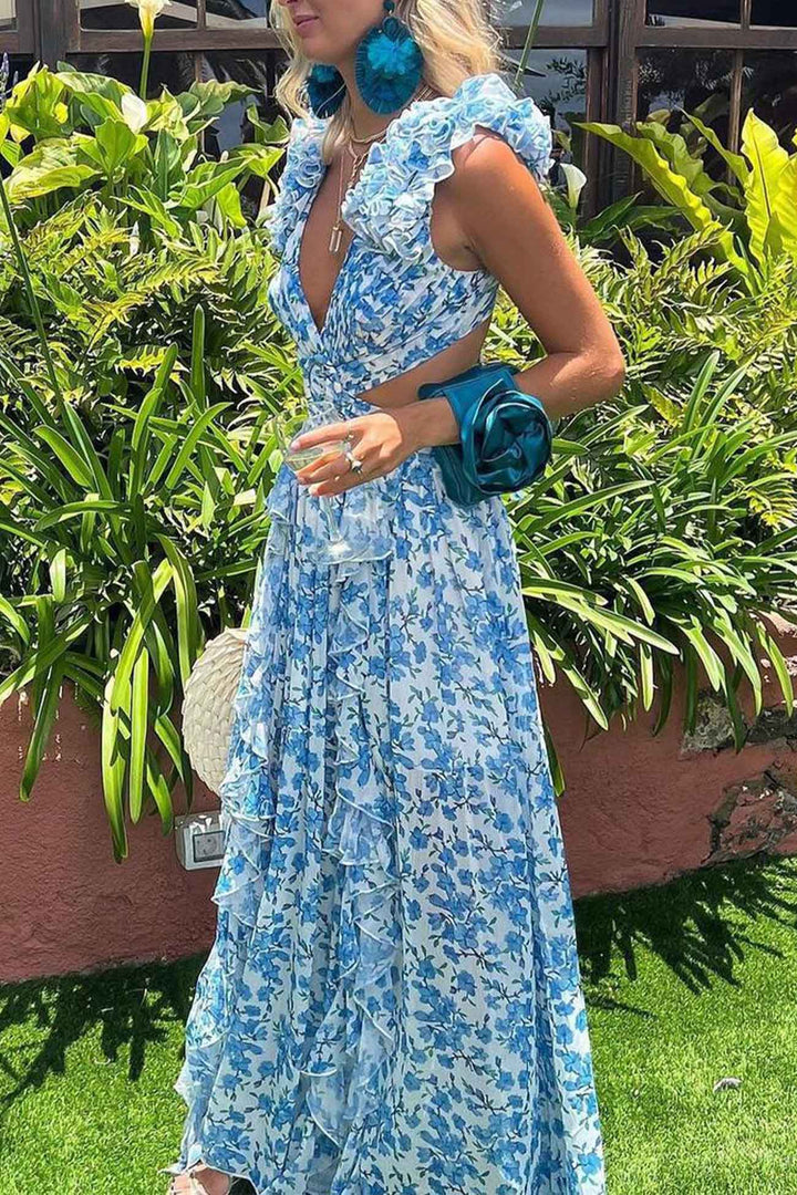 Robe longue femme avec décolleté en V et manches à volants