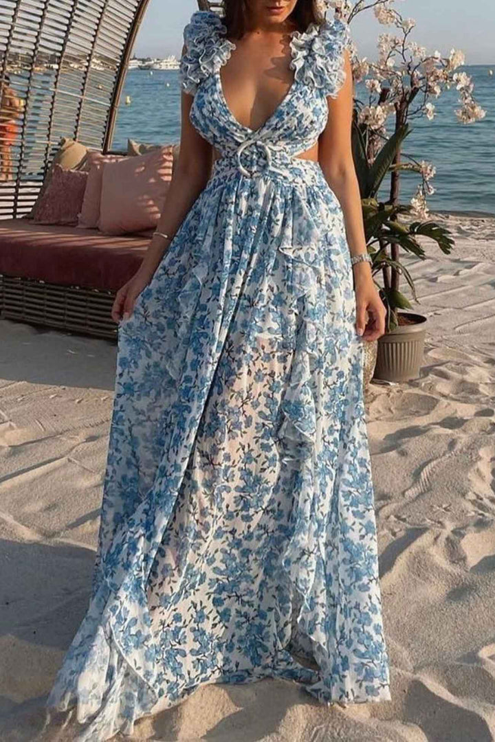 Robe longue femme avec décolleté en V et manches à volants