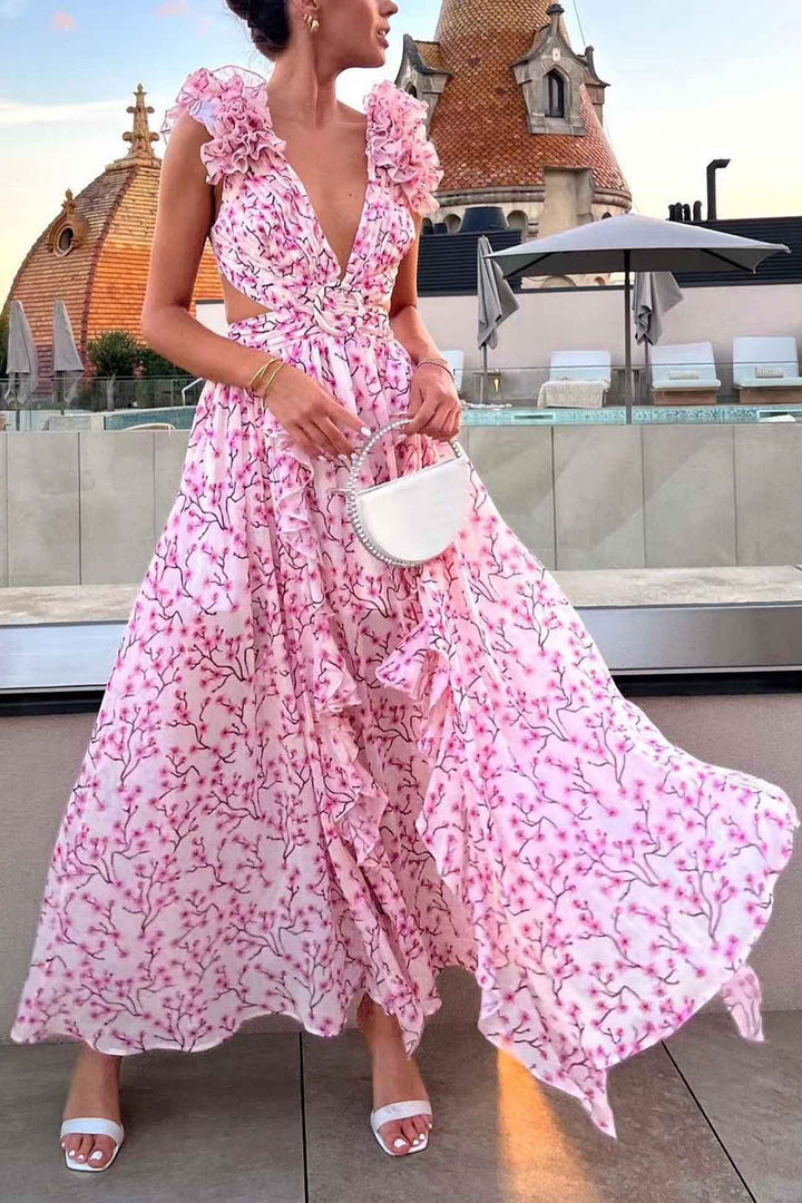 Robe longue femme avec décolleté en V et manches à volants
