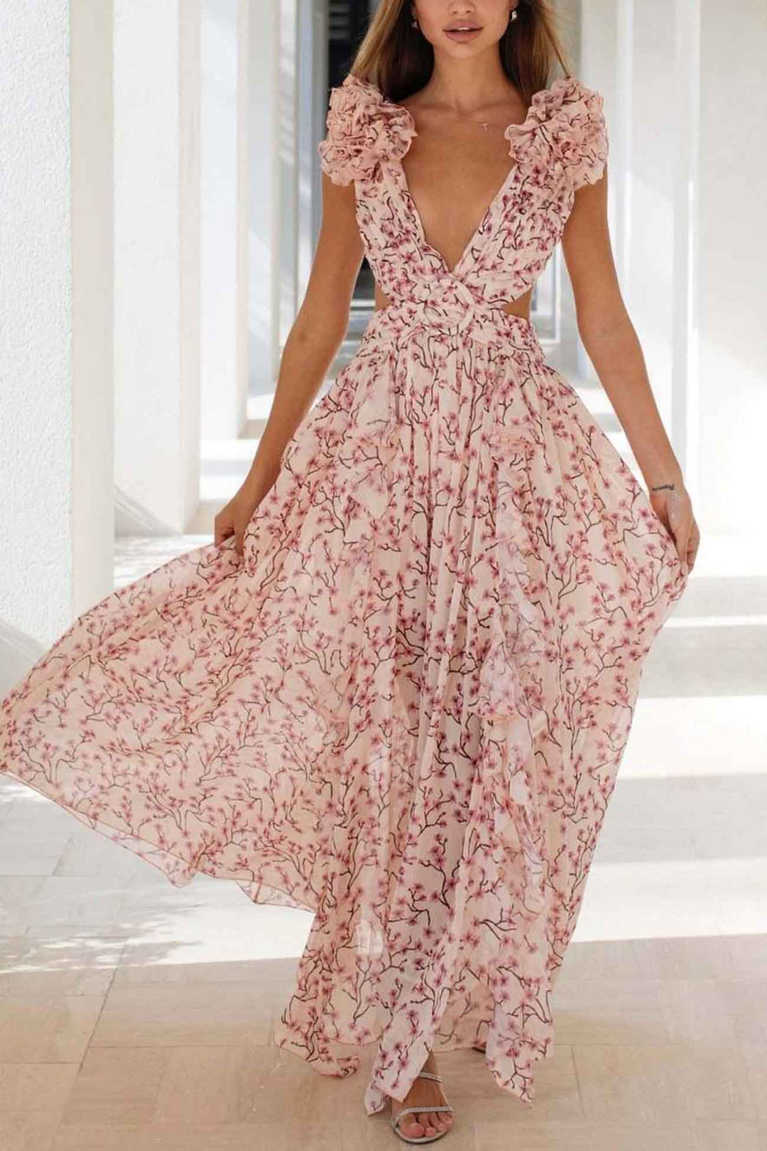 Robe longue femme avec décolleté en V et manches à volants