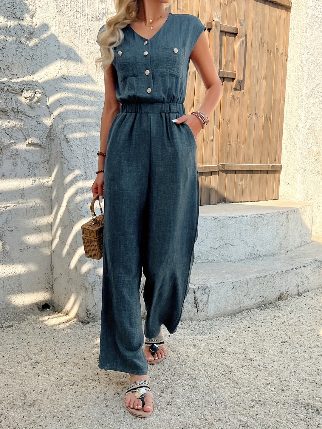 Combinaison élégante à col V et taille haute femme