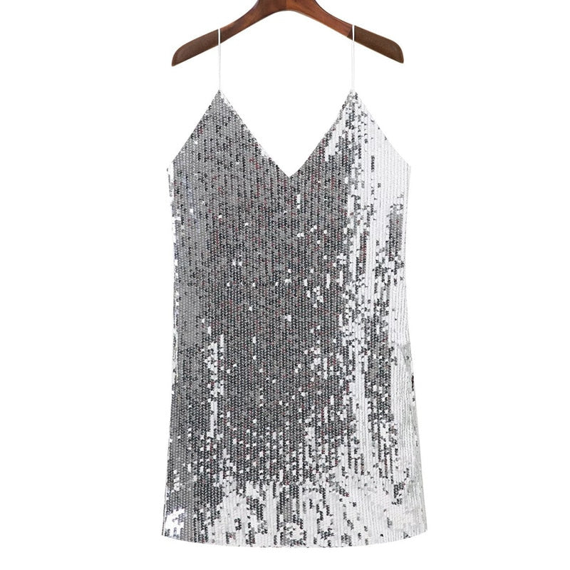 Robe courte femme à bretelles fines et paillettes