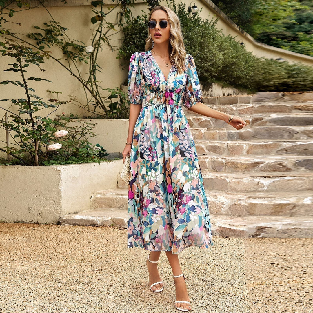 Robe à Manches Bouffantes Femme Élégante avec Décolleté en V