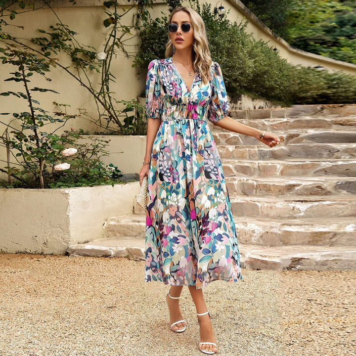 Robe à Manches Bouffantes Femme Élégante avec Décolleté en V