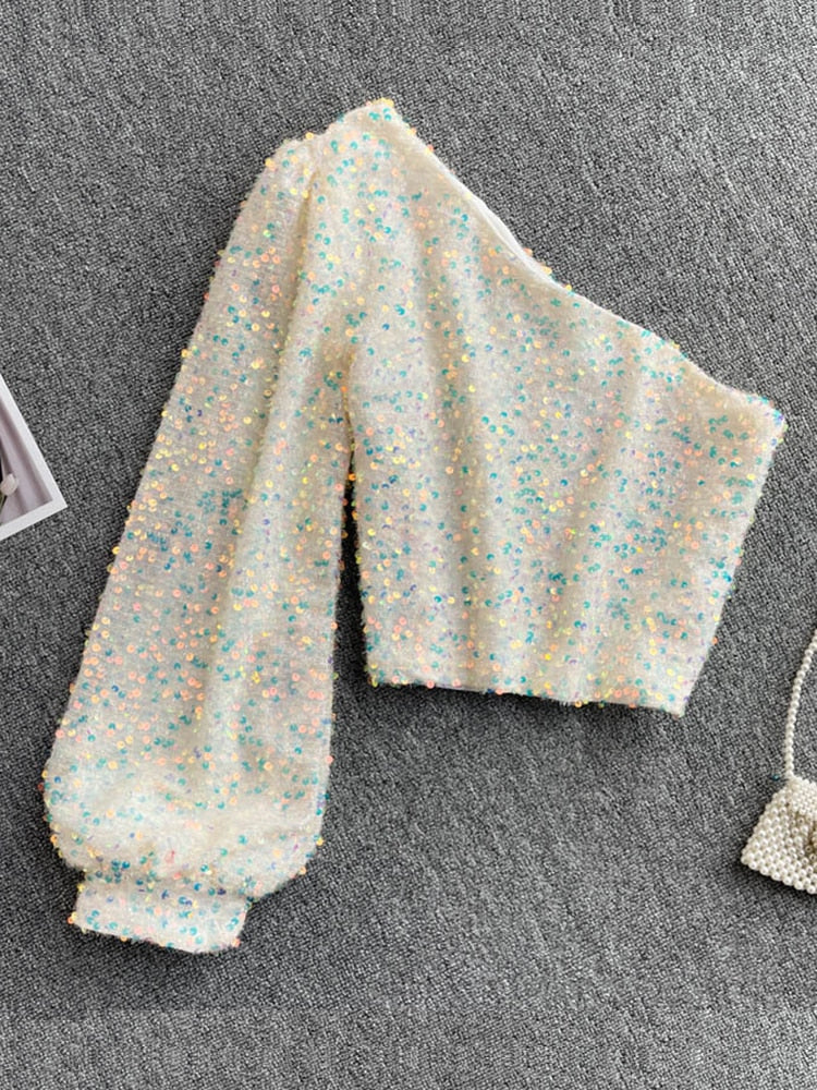 Top asymétrique femme à paillettes et une épaule