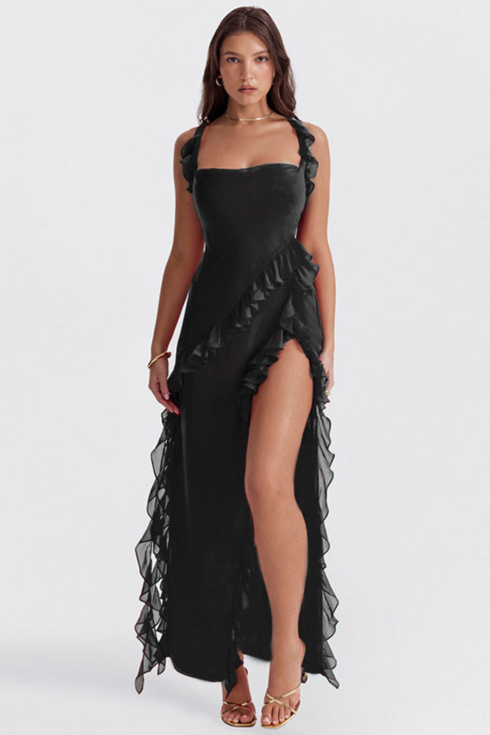 Robe longue femme chic à volants avec fente