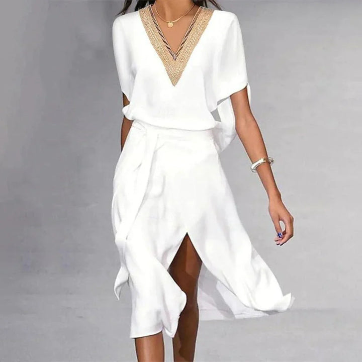 Robe midi blanche moderne avec col en V pour femme