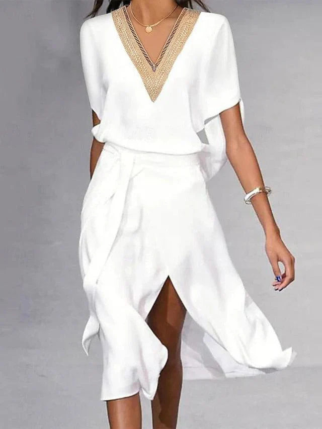 Robe midi blanche moderne avec col en V pour femme