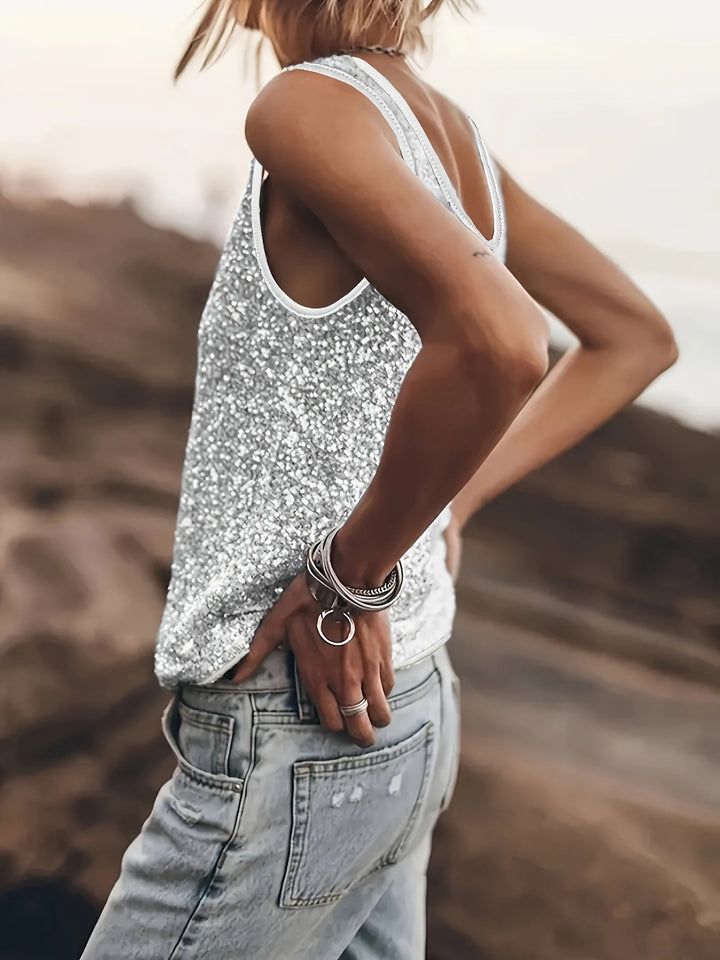 Haut pailleté tendance sans manches femme brillant