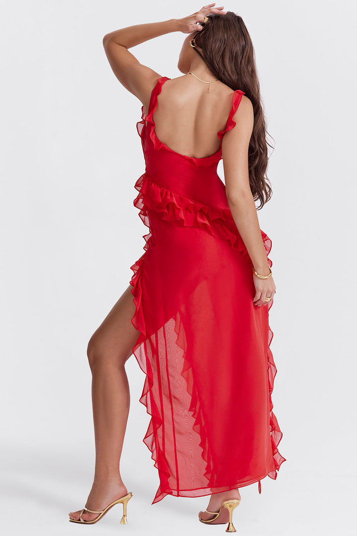 Robe longue femme chic à volants avec fente
