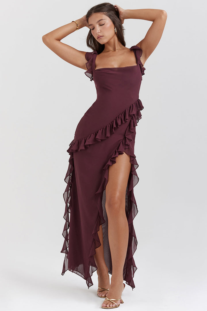 Robe longue femme chic à volants avec fente