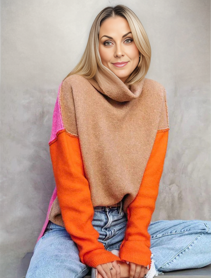 Pull oversize à col roulé patchwork pour femme