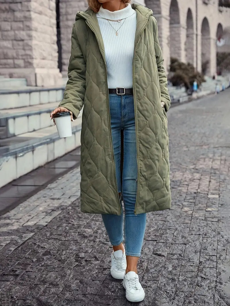 Manteau long matelassé à capuche pour femme